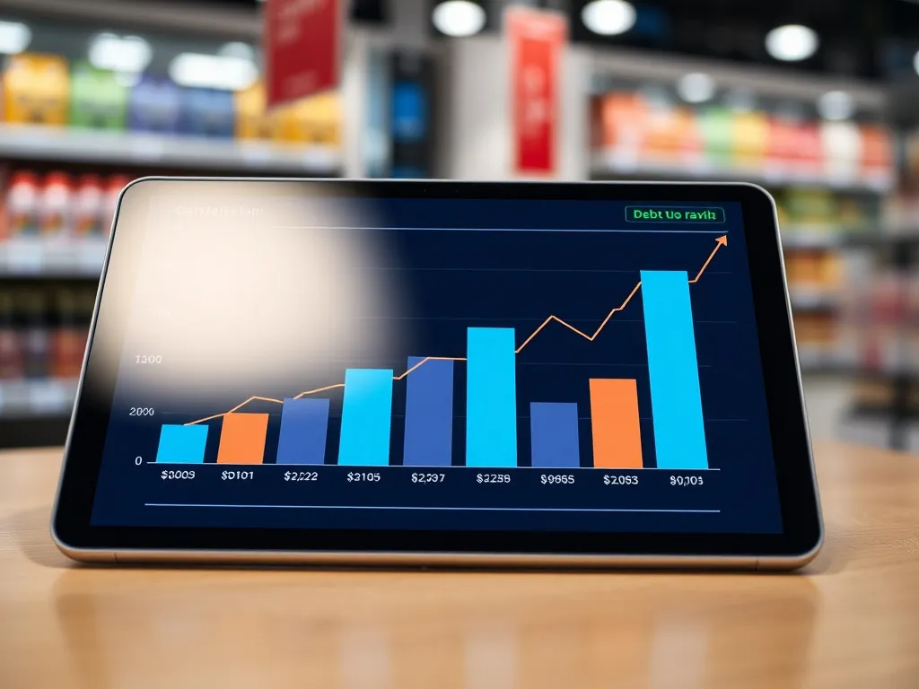 A close-up of a digital tablet displaying financial bar char