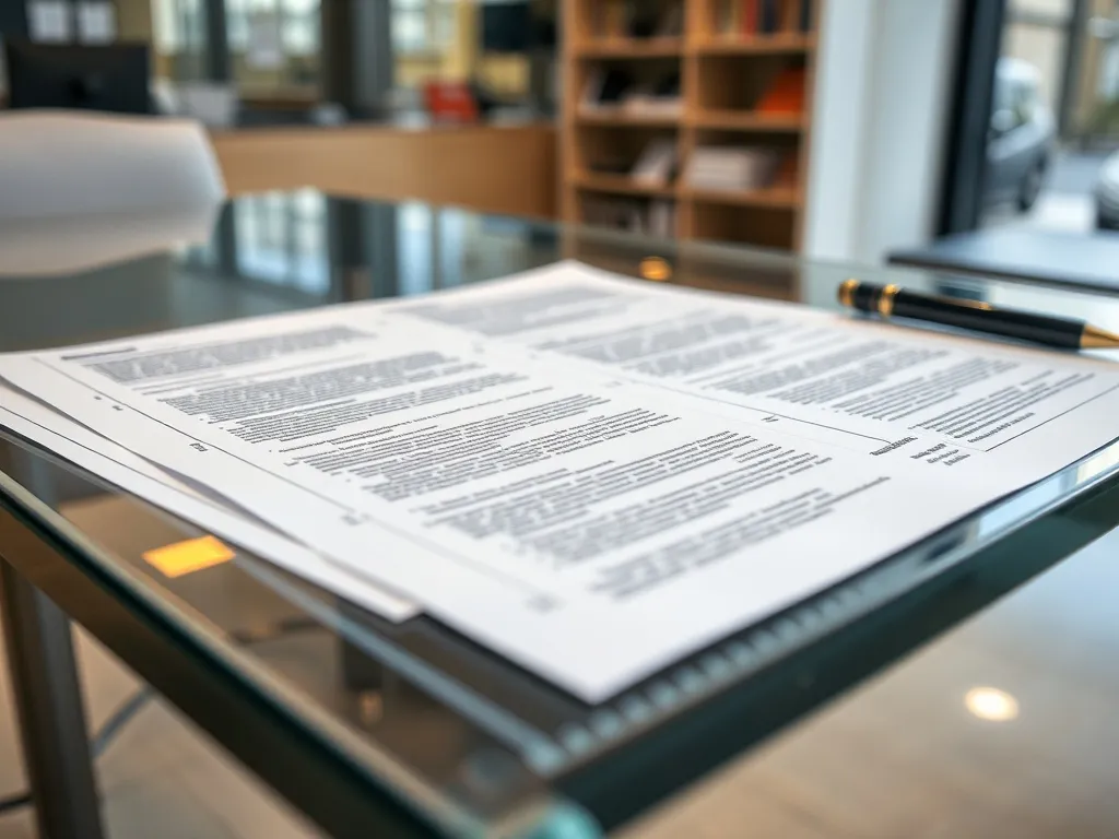 Close-up of technical legal documents on a glass table, focu