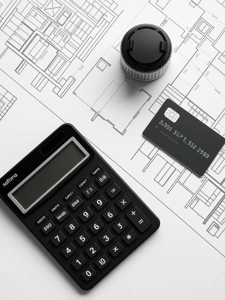 A professional high-angle shot of a calculator, architectura