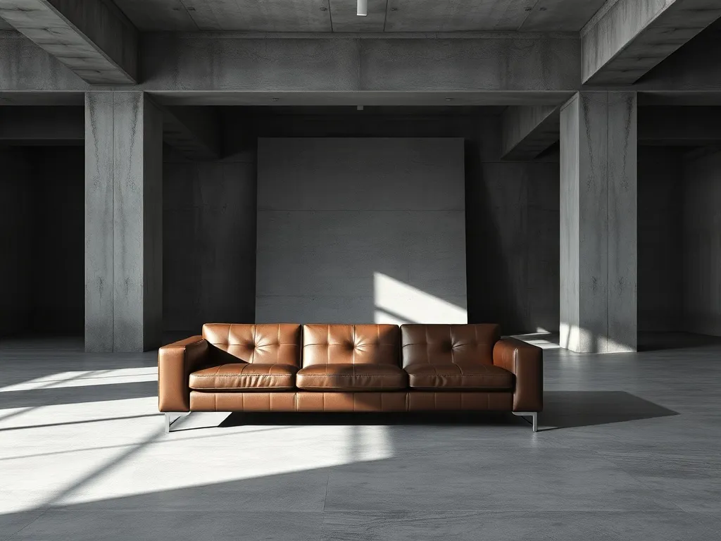 A minimalist architectural shot of a modern leather sofa in