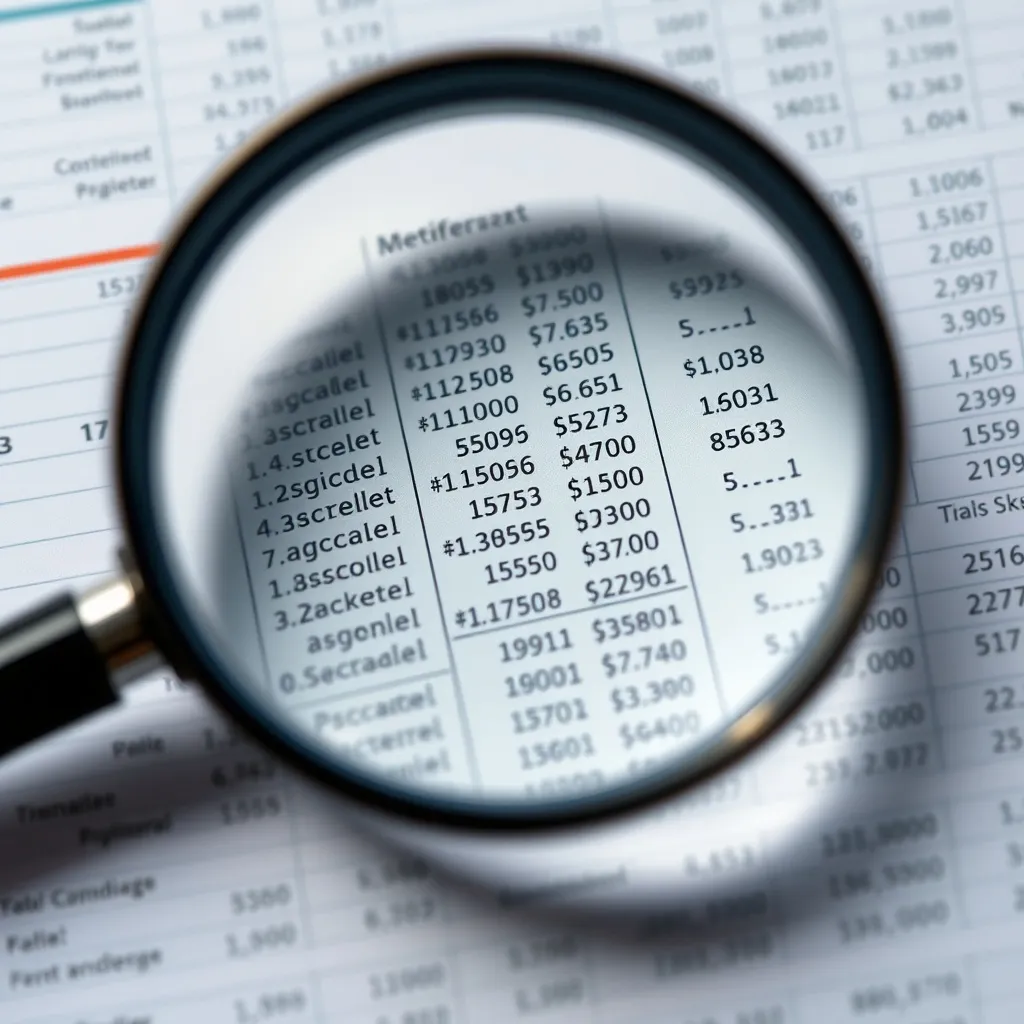 A magnifying glass over a complex financial spreadsheet with