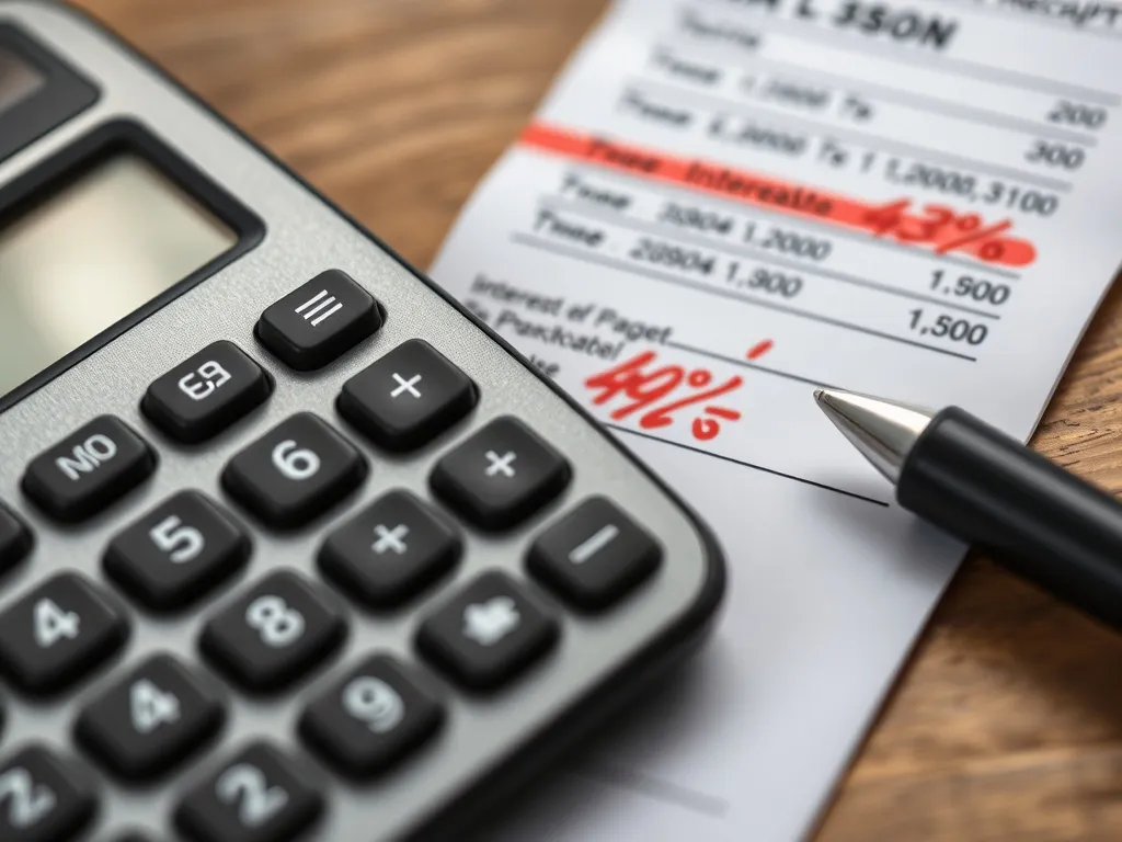 Macro photo of a calculator and a retail receipt with red ma