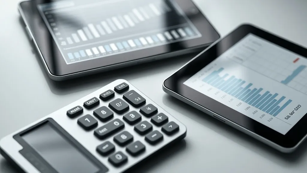 A high-angle macro shot of a sleek modern calculator and a d